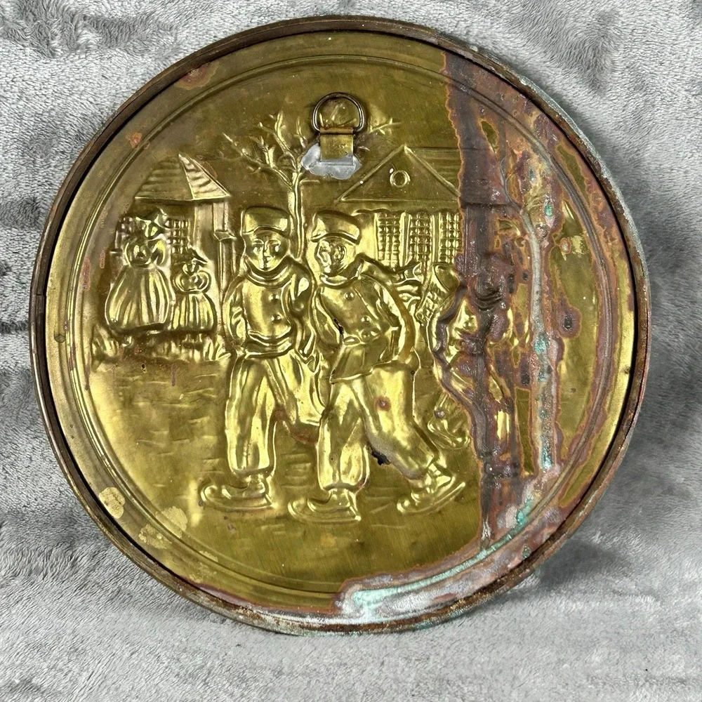 Vintage Elpec Brass Wall Plaque Art Dutch Winter Scene Made In England Patina
